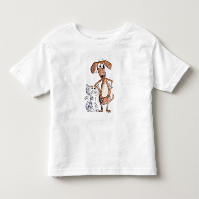 Camiseta De Bebé Perro marrón alegre y gato gris (Anverso)