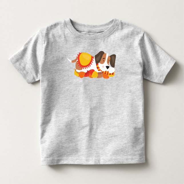 Camiseta De Bebé Perro otoñal, perro torpe, perro durmiente, hojas  (Anverso)