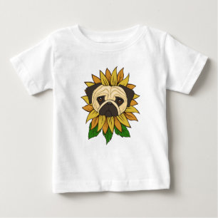 Camiseta De Bebé Perro Pug Adorable en un Girasol
