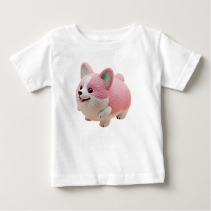 Camiseta De Bebé Personaje 3D de Corgi Kawaii Rosa y Blanco Adorabl