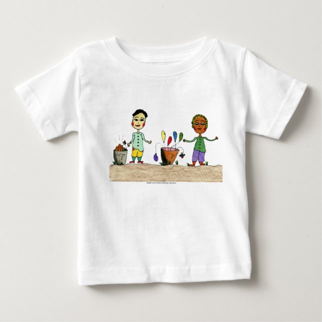 Camiseta De Bebé Personajes de caricatura con cubo de globos. (Anverso)