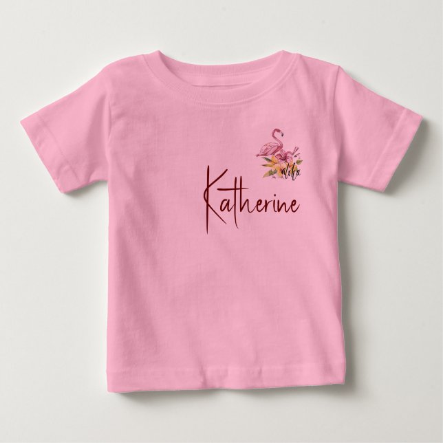 Camiseta De Bebé Personaliza Flamingo con Flores Tropicales Aloha (Anverso)