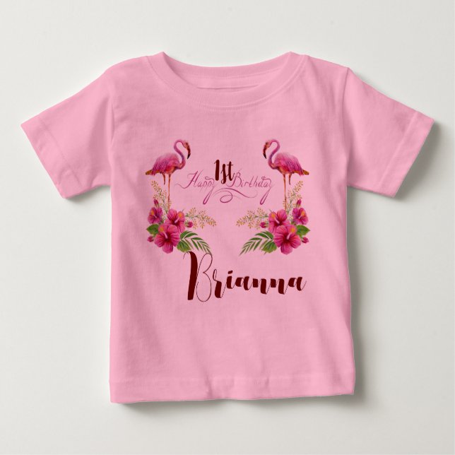 Camiseta De Bebé Personaliza Flamingo Hibiscus Rosa Cumpleaños de C (Anverso)