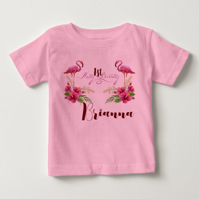 Camiseta De Bebé Personaliza Flamingo Hibiscus Rosa Femenino Cumple (Anverso)