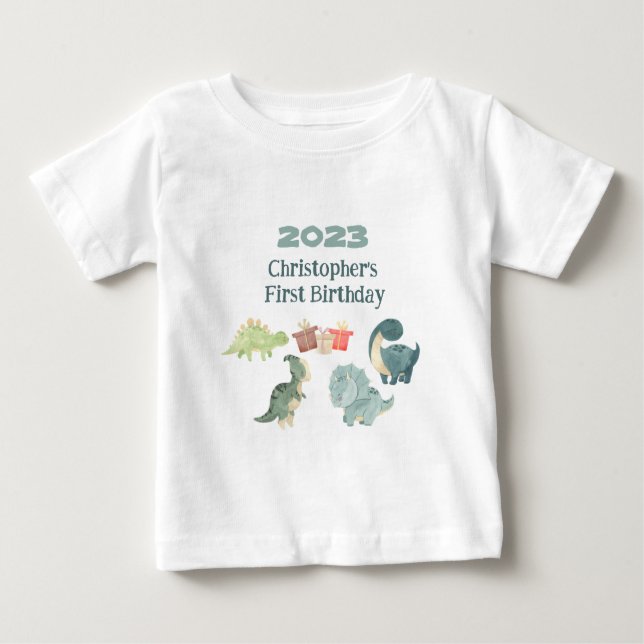 Camiseta De Bebé Personaliza Nombre Año Primer Cumpleaños Bebé Dino (Anverso)