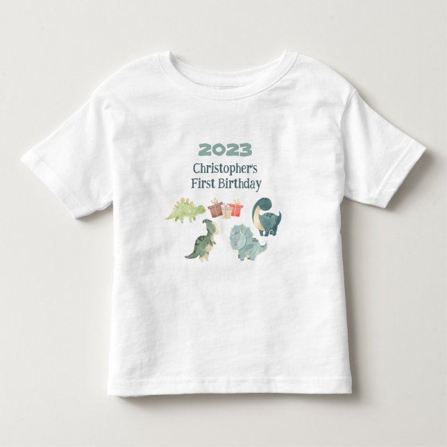 Camiseta De Bebé Personaliza Nombre Año Primer Cumpleaños Cute Dino (Anverso)