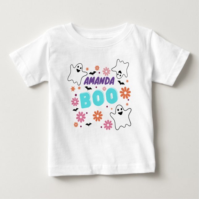 Camiseta De Bebé Personalizable Retro Boo Halloween Diseño Floral (Anverso)