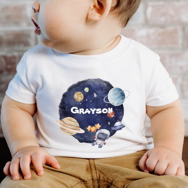 Camiseta De Bebé Personalización Nombre Planeta Bebé de nave espaci (Personalize Name Planet Spaceship Baby Baby T-Shirt)