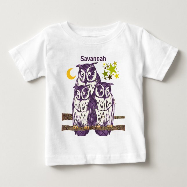 Camiseta De Bebé Personalizado 3 lunas y estrellas de búhes moradas (Anverso)