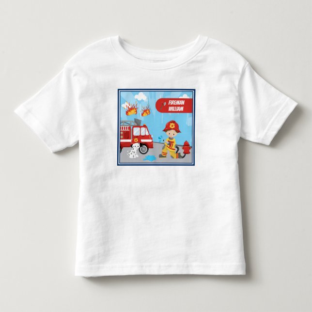 Camiseta De Bebé Personalizado de niño pequeño bombero con nombre (Anverso)