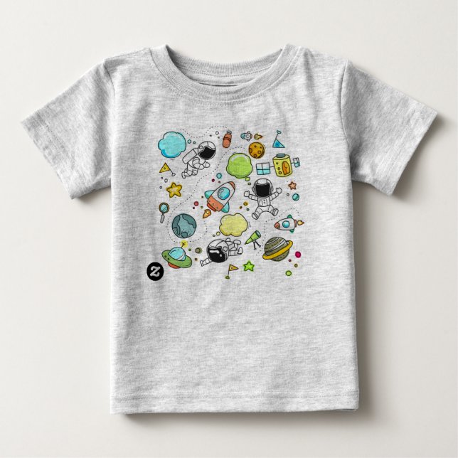 Camiseta De Bebé personalizado, Heather Gray,[nube, cohete,astronau (Anverso)