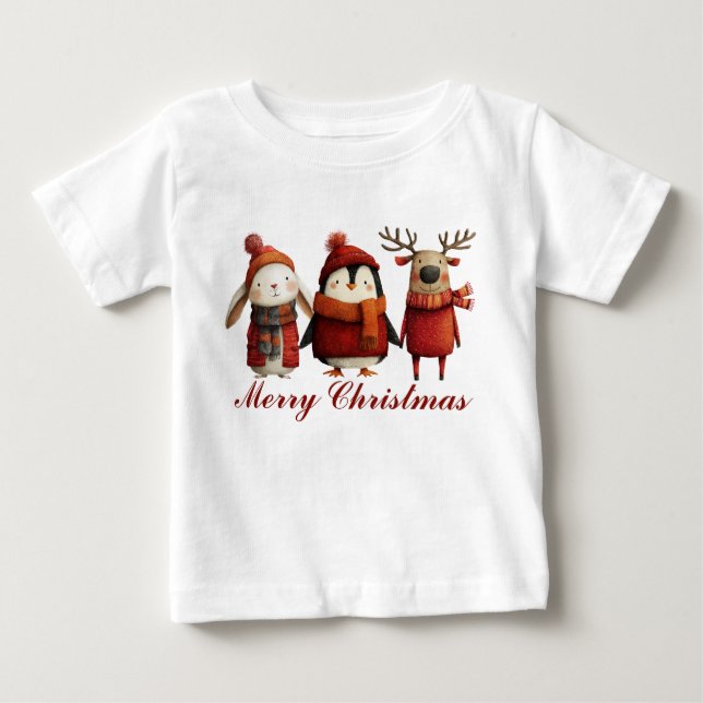 Camiseta De Bebé Personalizado lindo Santa Animales Feliz Navidad (Anverso)