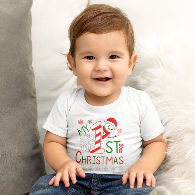 Camiseta De Bebé Personalizado Mi primer traje de Navidad Snowman (Personalized My First Christmas Outfit Snowman Baby T-Shirt)