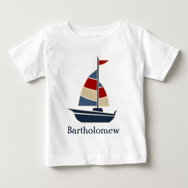 Camiseta De Bebé Personalizado Nautical Blue, Red, Cream Sailboat (Anverso)