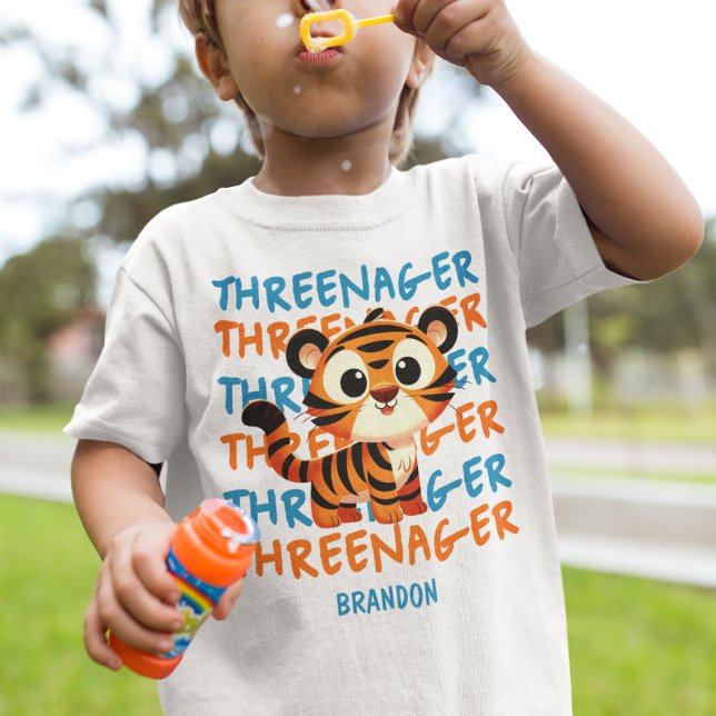 Camiseta De Bebé Personalizado Threenager Tiger Boy Fiesta de terce (Custom Threenager Tiger Boy 3rd Birthday Party Toddler T-shirt
)