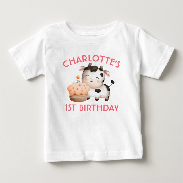 Camiseta De Bebé Personalizado Un Cow Moos Primer Bebé De Cumpleaño (Anverso)