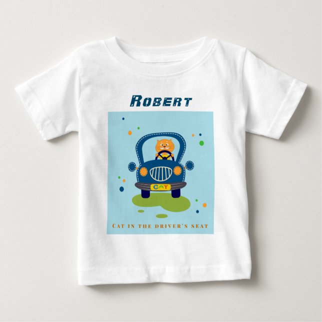 Camiseta De Bebé Personalizar gato en un auto azul (Anverso)