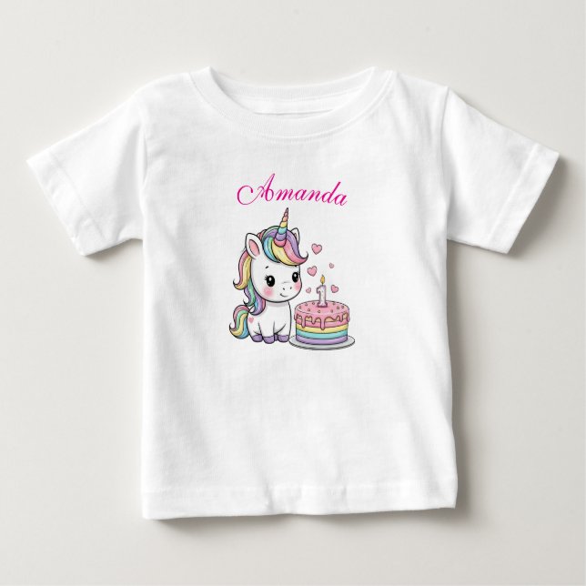Camiseta De Bebé Personalized Baby Unicorn Birthday Cake T-Shirt (Anverso)