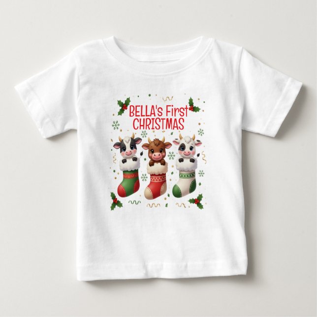 Camiseta De Bebé Personalized Baby's First Cow Christmas Tee (Anverso)