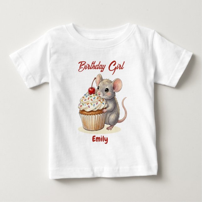 Camiseta De Bebé Personalized Birthday Girl | Cute Mouse & Cupcake (Anverso)