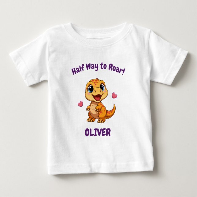 Camiseta De Bebé Personalized Halfway to One Dinosaur 6 Month (Anverso)