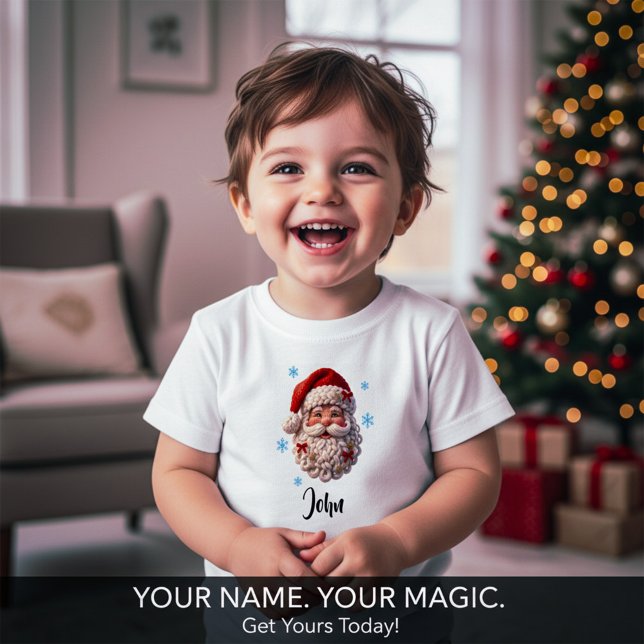 Camiseta De Bebé Personalized Santa Face Knitted Christmas  (Personalized Santa Face Knitted Christmas Design – Custom Name Gift)