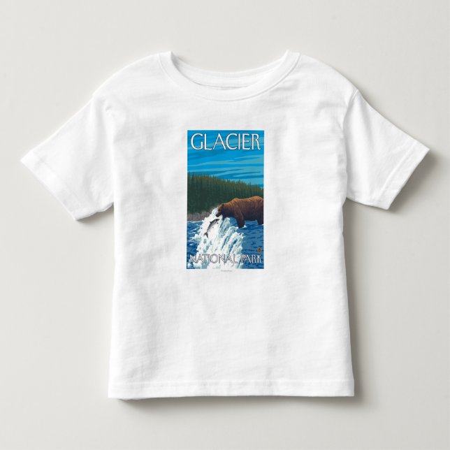 Camiseta De Bebé Pesca del oso en el río - Parque Nacional Glacier, (Anverso)