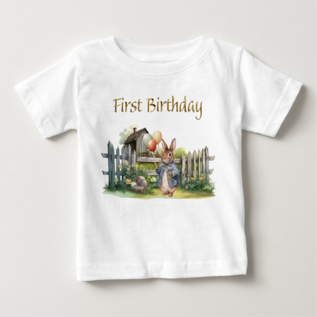Camiseta De Bebé Peter, globos de conejo, primer cumpleaños (Anverso)
