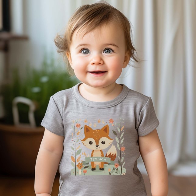 Camiseta De Bebé Pezo de Woodland, animales del bosque, neutro en g (Woodland fox, gender neutral baby t-shirts. Personalized Name.)