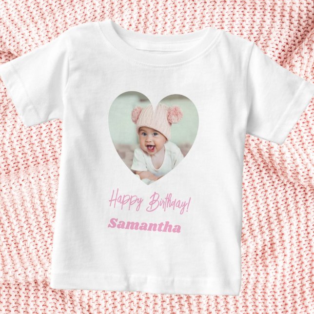 Camiseta De Bebé Photo heart name birthday girl pink (Subido por el creador)