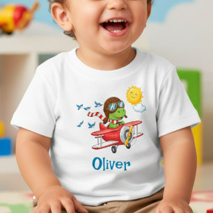 Camiseta De Bebé Piloto de dinosaurio lindo volando avión rojo