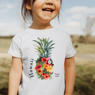 Camiseta De Bebé Piña tropical hawaiana con flores, nombre familiar