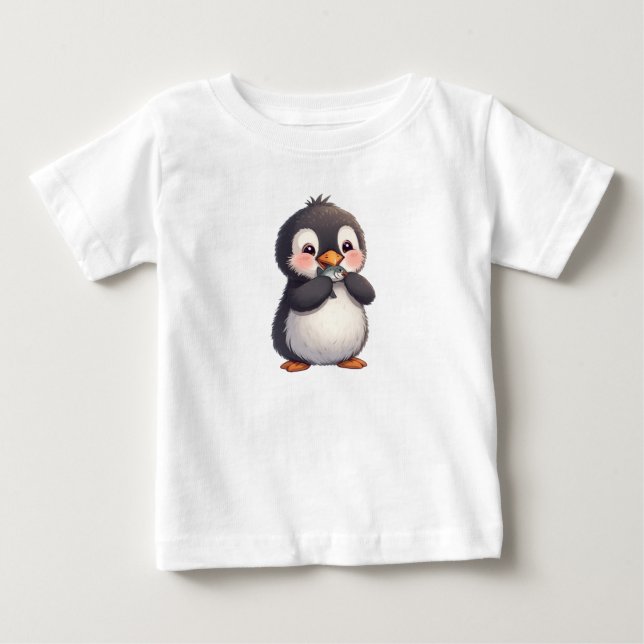 Camiseta De Bebé Pingüino Adorable con Pescado (Anverso)