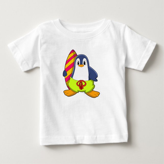 Camiseta De Bebé Pingüino como surfista con tabla de surf (Anverso)
