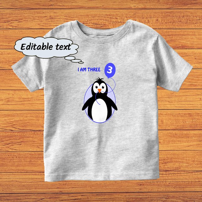 Camiseta De Bebé Pingüino de cumpleaños personalizado de texto azul (Sample shows gray color t-shirt with 'vivid printing' option)