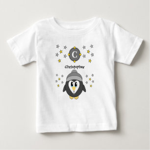 Camiseta De Bebé Pingüino lindo nombre estrellas amarillo gris