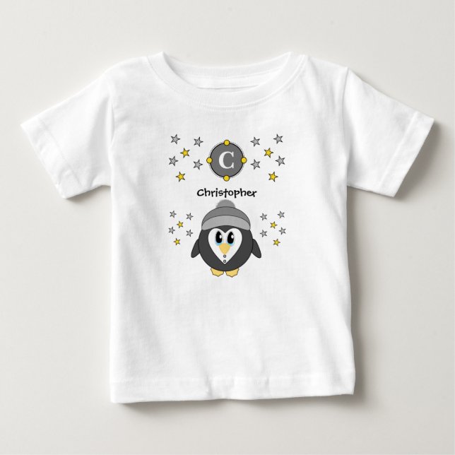 Camiseta De Bebé Pingüino lindo nombre estrellas amarillo gris (Anverso)