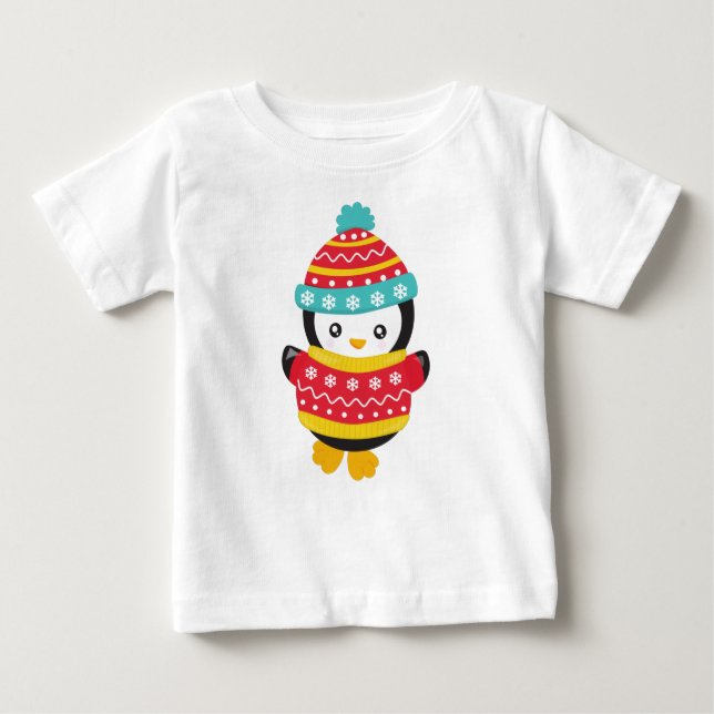 Camiseta De Bebé Pingüino, Pingüino Con Suéter, Gorra (Anverso)