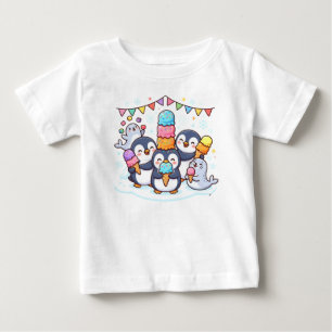Camiseta De Bebé Pingüinos Adorables Comiendo Helado de Arcoíris