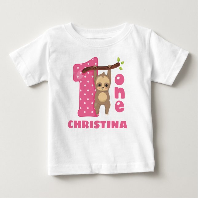 Camiseta De Bebé Pink Baby Sloth primer cumpleaños (Anverso)