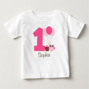 Camiseta De Bebé Pink Brown Owl Polka Dot Primer Chica de Cumpleaño