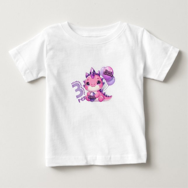 Camiseta De Bebé Pink Dinosaur Three Rex 3rd Birthday Party Baby Gi (Anverso)