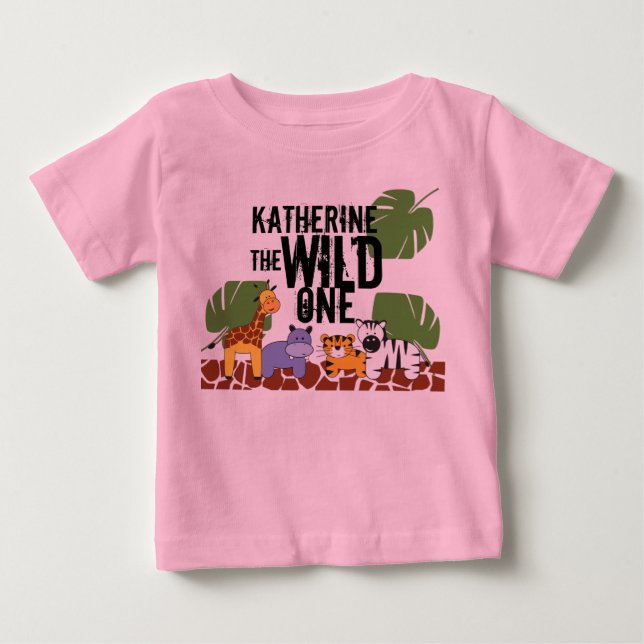 Camiseta De Bebé Pink Personalized WILD ONE Safari First Birday (Anverso)