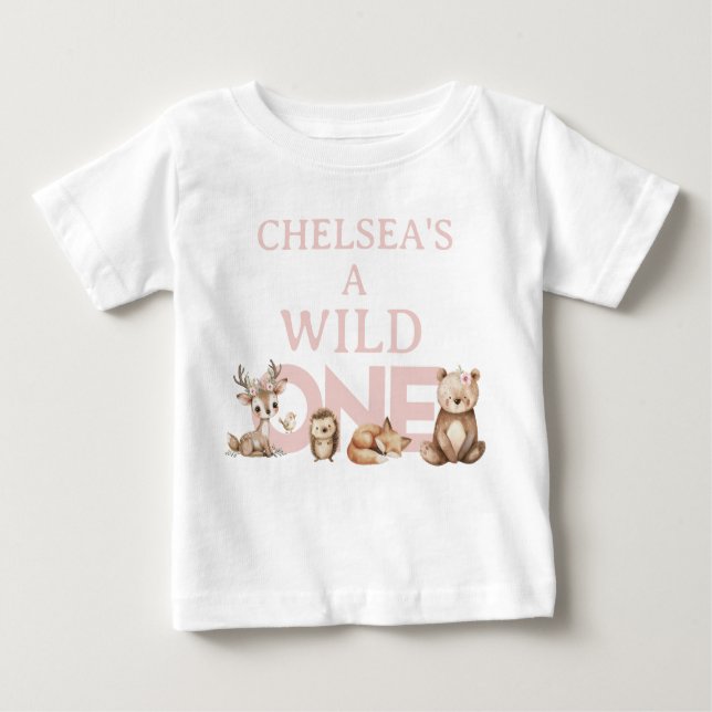 Camiseta De Bebé Pink Woodland Wild One First Birthday (Anverso)
