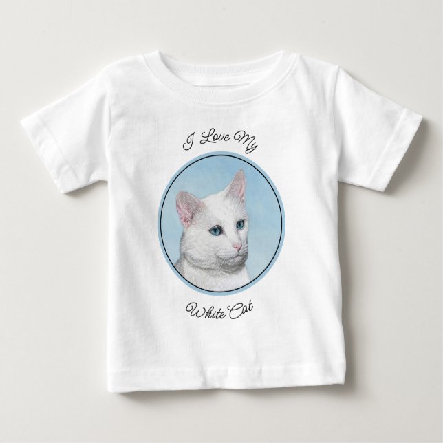 Camiseta De Bebé Pintura de gato blanco - Arte de gato original lin (Anverso)