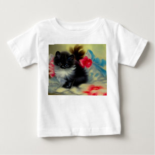 Camiseta De Bebé Pintura Vintage de Gatito Blanco y Negro