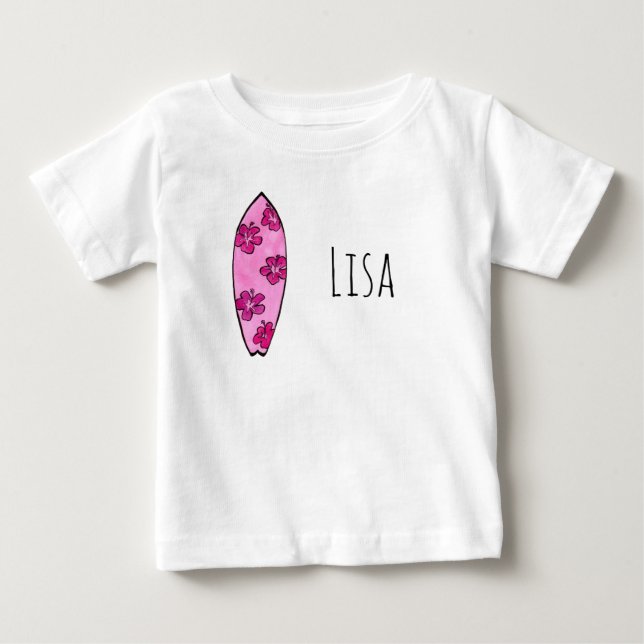 Camiseta De Bebé Pizarra de hibiscos rosados con nombre de personal (Anverso)