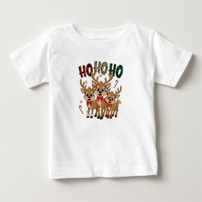 Camiseta De Bebé Plaid & Leopard Ho Ho Ho Reindeer Kids Christmas (Anverso)
