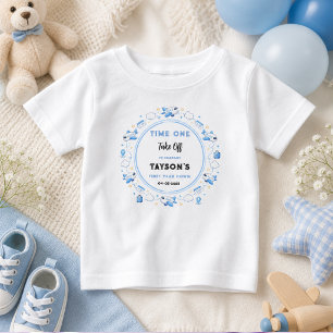 Camiseta De Bebé Plano Blanco Azul 1er Cumpleaños Momento Despegue