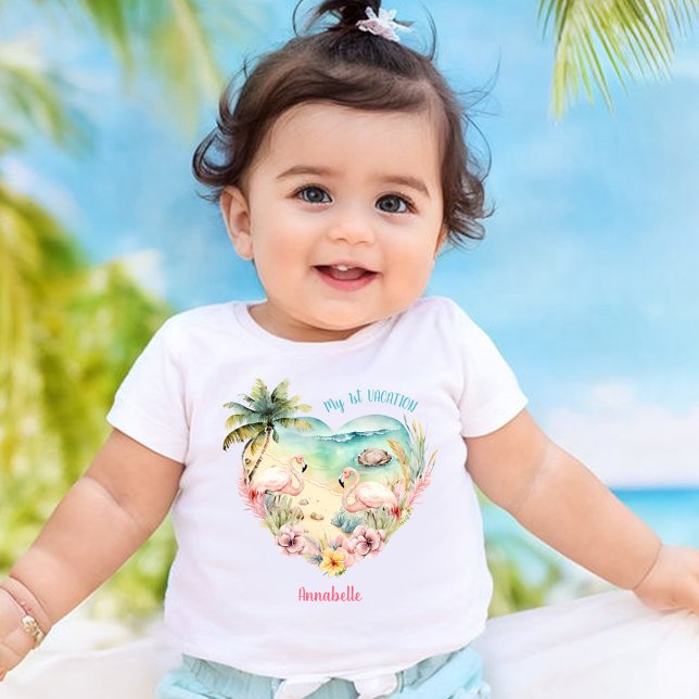 Camiseta De Bebé Playa Chica tropical Flamingo de verano rosa (Flamingo Pink Summer Vacation Tropical Girl Beach Baby T-Shirt)